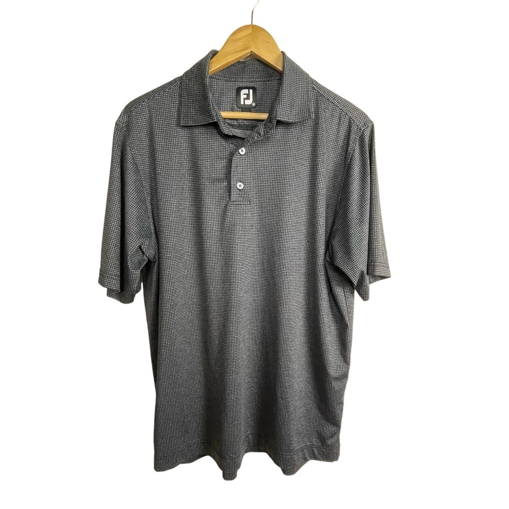 FJ Foot Joy Men's Performance Polo Shirt Gray‎ Black Mini Houndstooth Print Sz M
